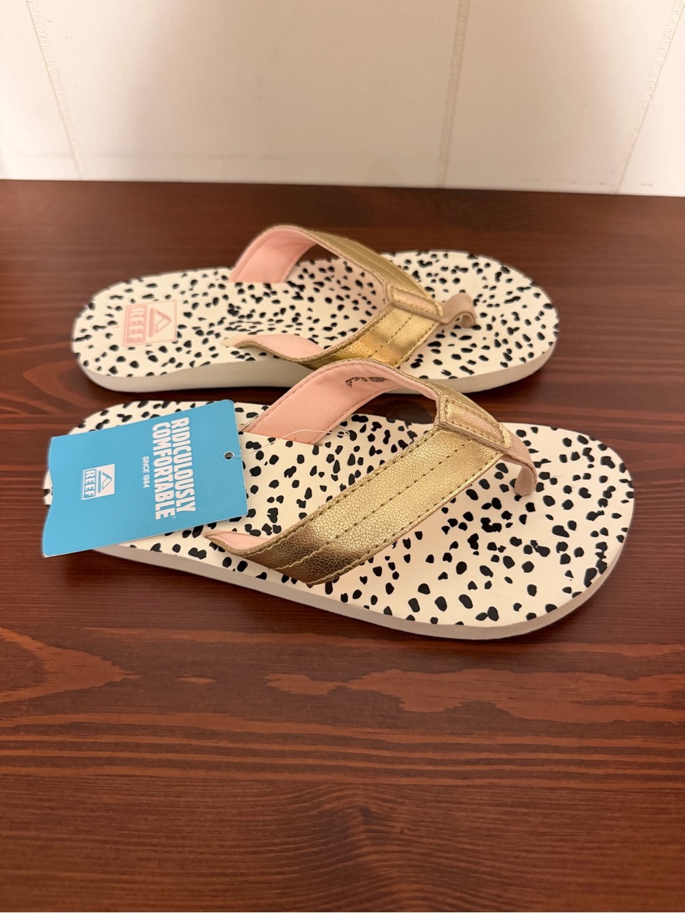 Reef Girls Gold and Pink Dalmatian Print Flip Flops
